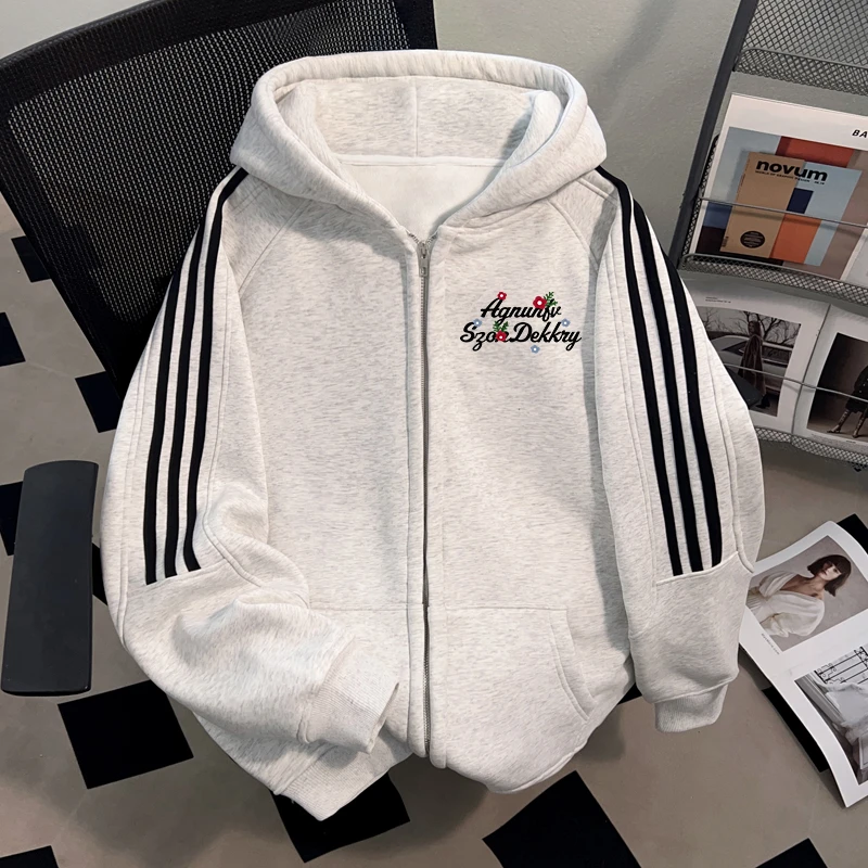Dekkry潮流条纹连帽开衫卫衣秋冬字母印花三条杠男女加绒加厚外套
