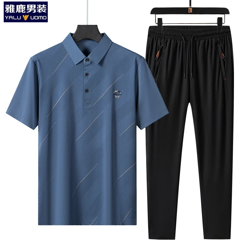 雅鹿男装夏季套装男两件套2025新款夏装短袖休闲运动中老年人衣服