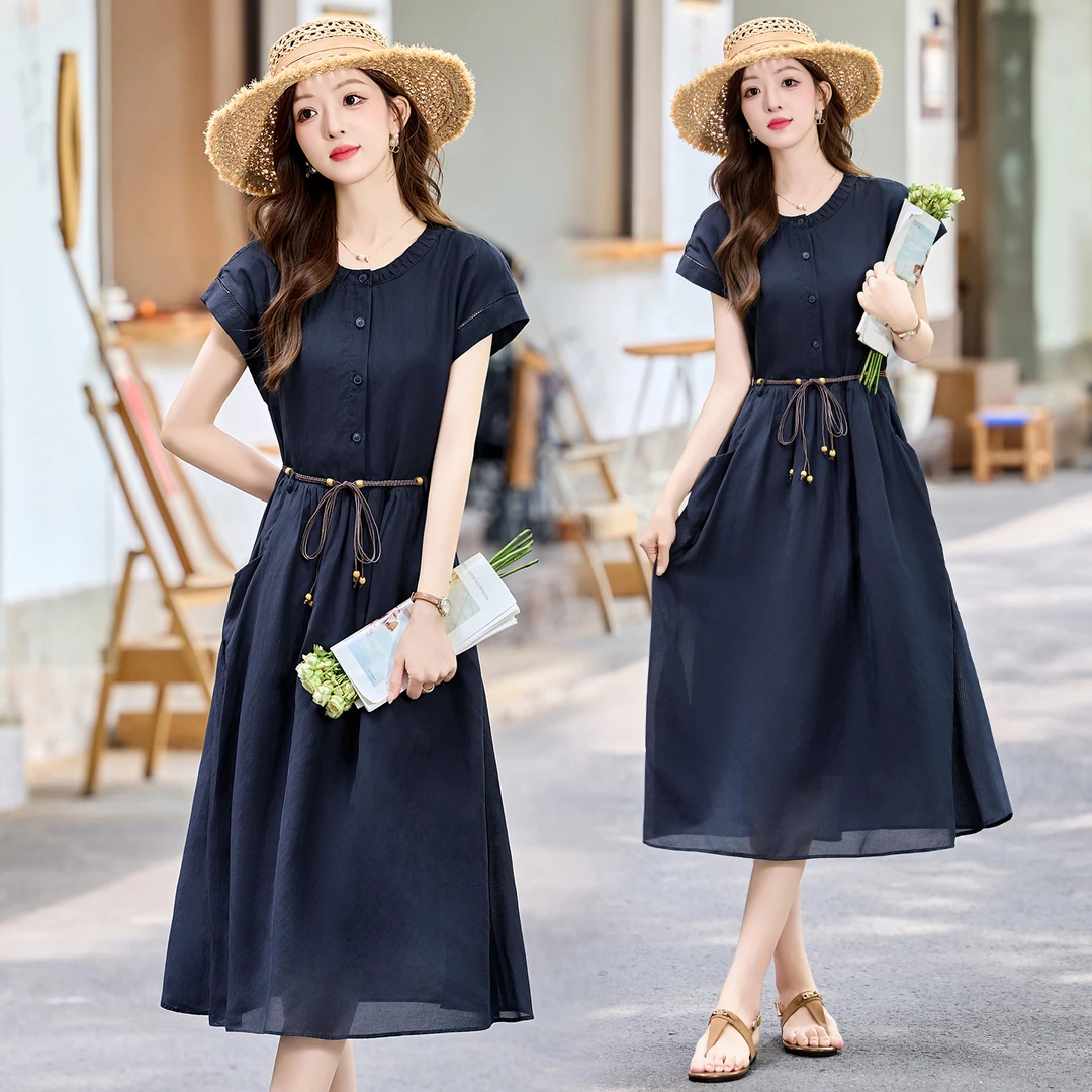 复古后妈裙夏季连衣裙时尚收腰常规职场新中式套头显瘦气质洋气
