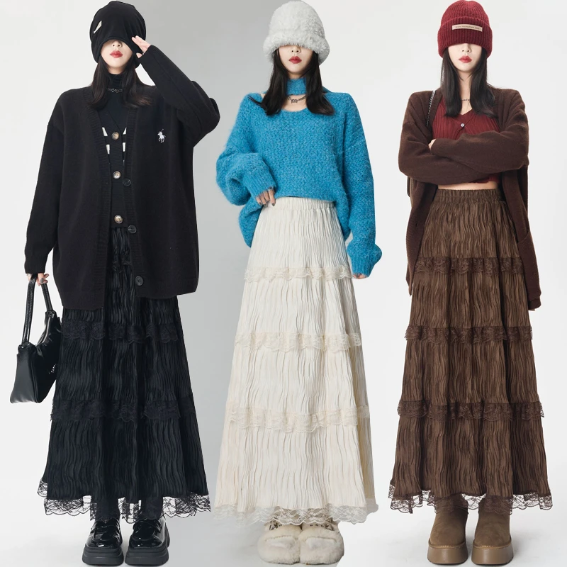 杏色温柔芭蕾风丝绒半身裙女2025秋冬仙女高腰蕾丝拼接蛋糕长裙子