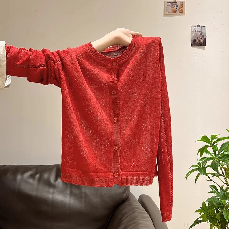 2025夏季新款红色薄款圆领针织开衫长袖t恤女镂空设计感修身上衣