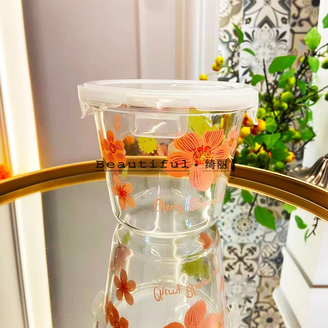 单只-轻奢樱花圆形汤桶家用大容量高硼硅多功能玻璃家用密封饭盒