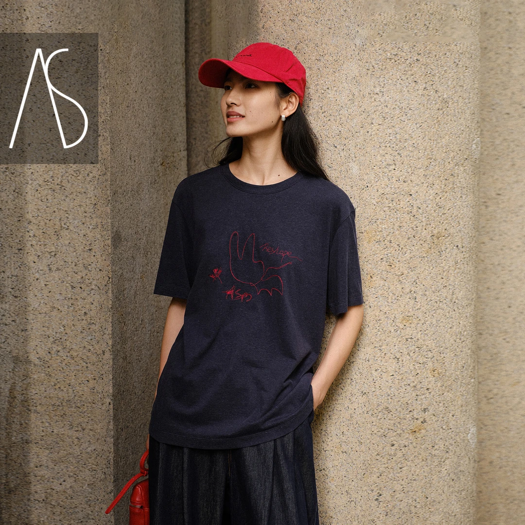 AS时尚女士T恤25秋季新款原创手绘图案T恤印花圆领短袖T恤上衣女