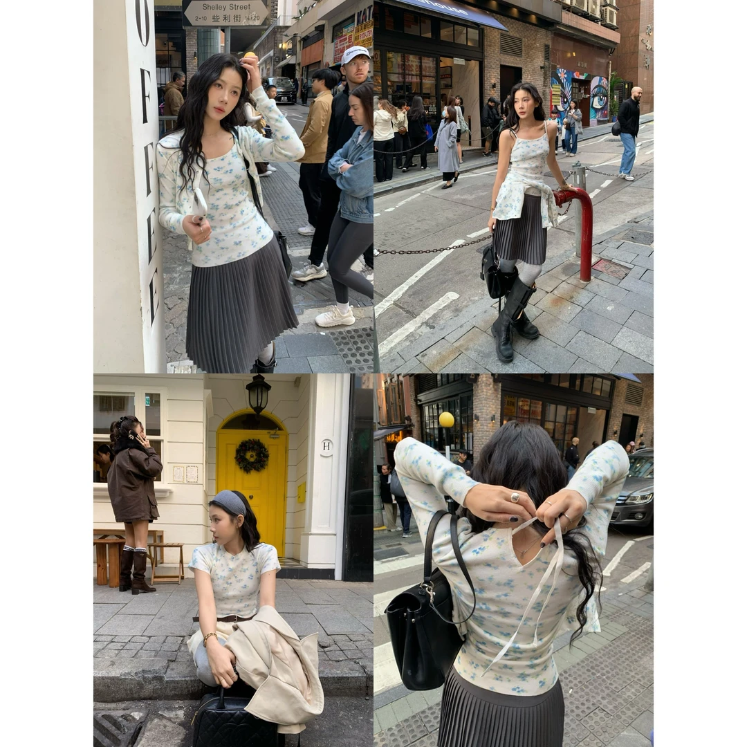 70不是七十【青栀薄荷】早春碎花毛织吊带圆领短袖小衫长袖开衫系列