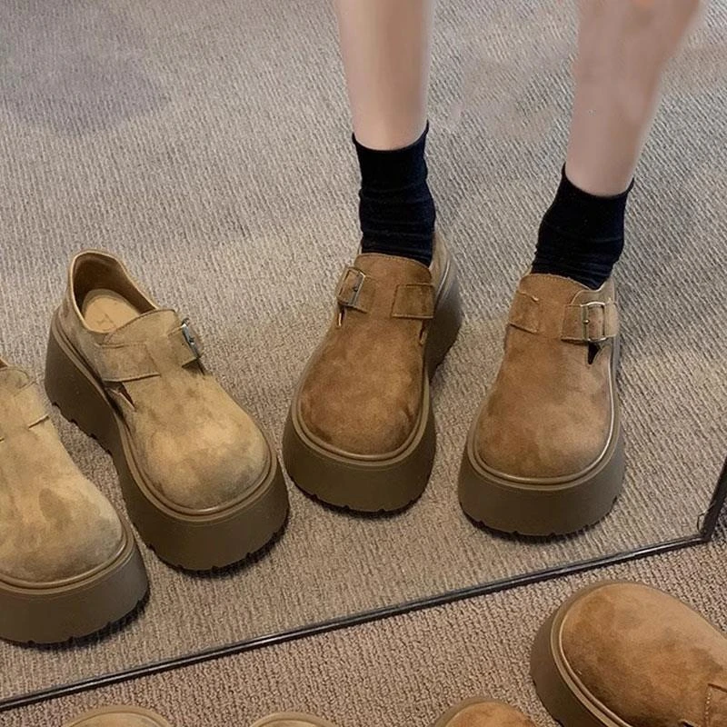香港真皮勃肯鞋女2025年春秋季新款厚底增高单鞋爆款全包乐福单鞋