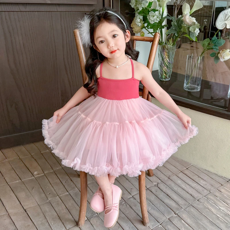 女小童夏季背心吊带凸凸裙小女孩夏款连衣裙公主女孩网纱蓬蓬裙子