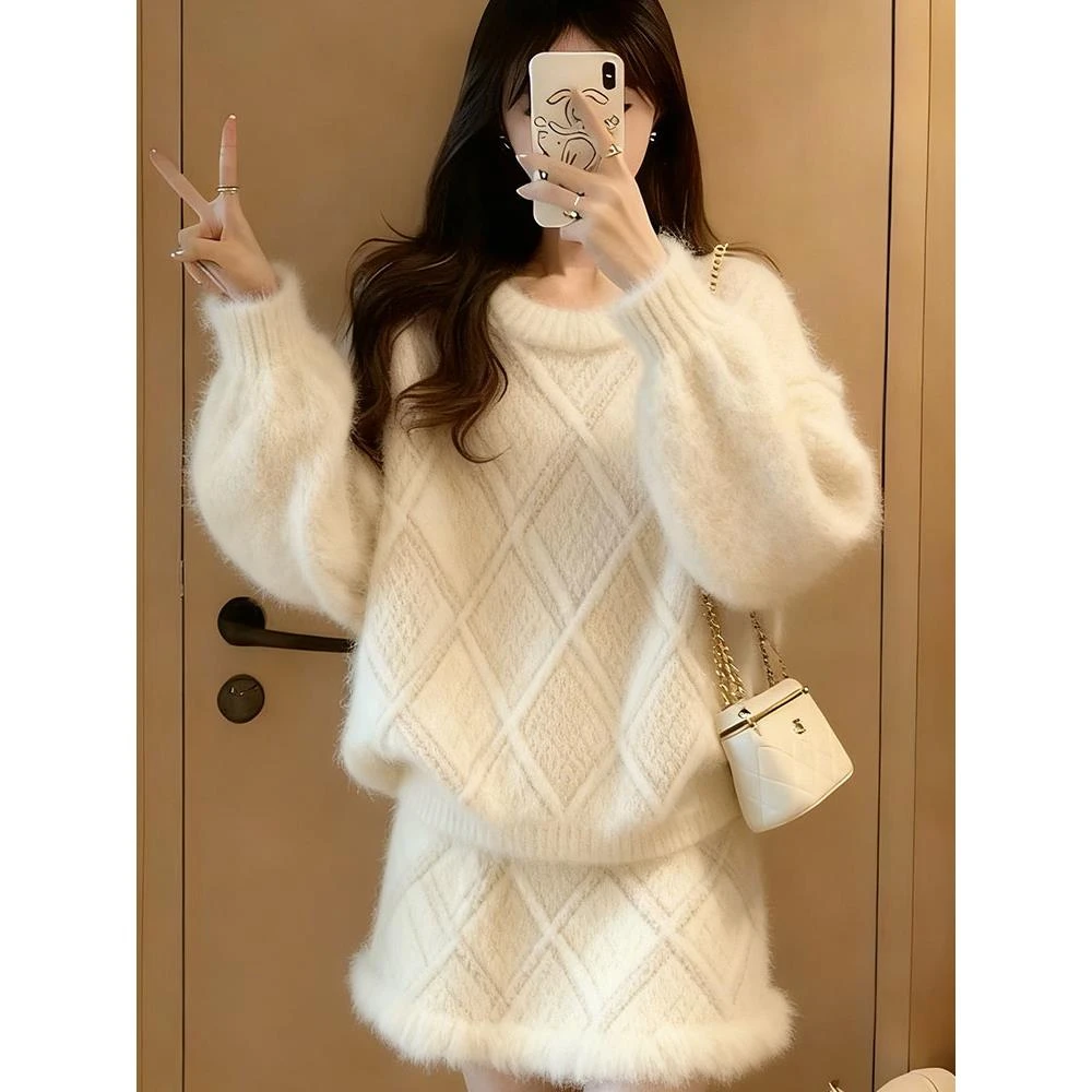 韩系慵懒风毛衣套装女秋冬高级感松弛感针织两件套穿搭一整套白色