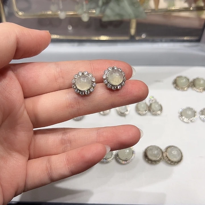 蛇纹石玉银S925镶嵌耳坠