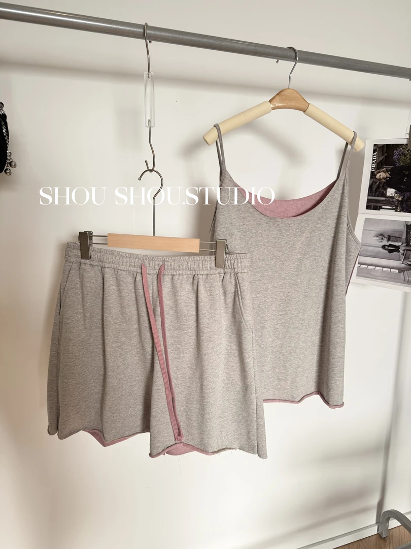 【瘦瘦】大码夏季拼色吊带背心+松紧腰抽绳宽松短裤套装S01722