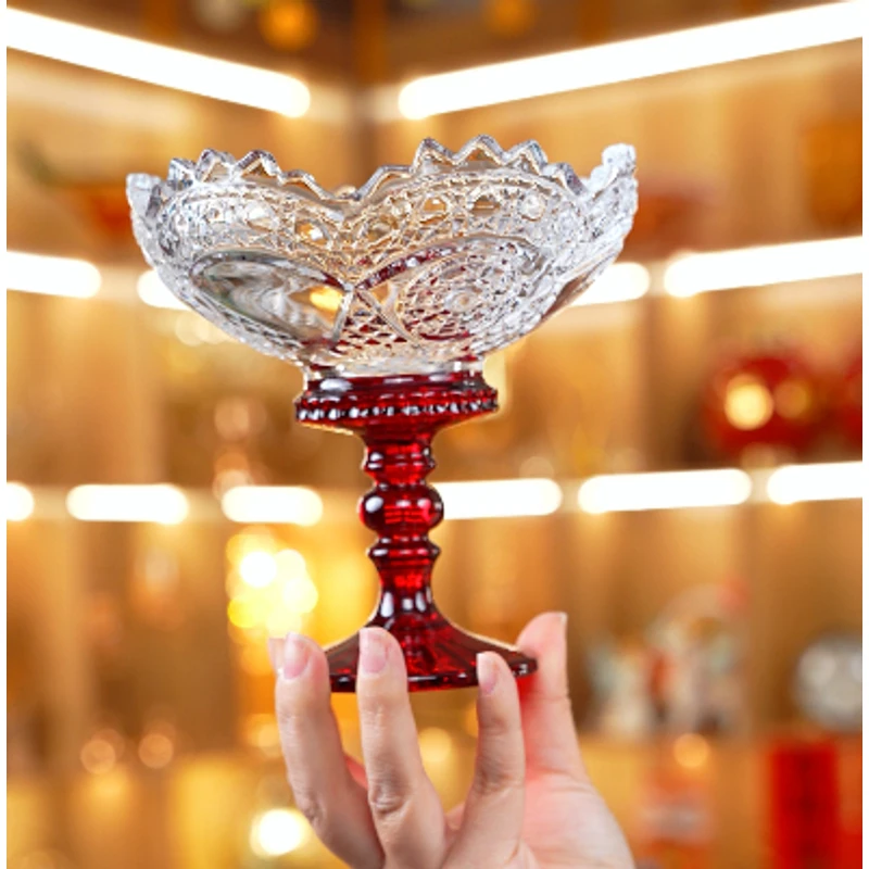 太阳花红色高脚水晶玻璃零食盘盘水果点心盘