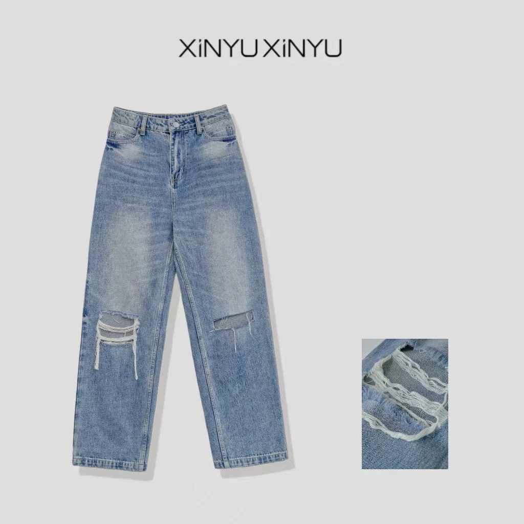 XINYU/芯与毛边破洞设计水洗直筒牛仔裤 14972 休闲 高街 时尚