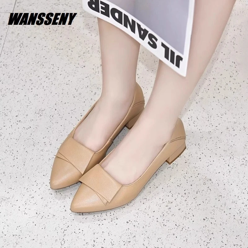 WANSSENY2025年真皮尖头百搭浅口单鞋工作皮鞋低跟舒适一脚蹬女鞋