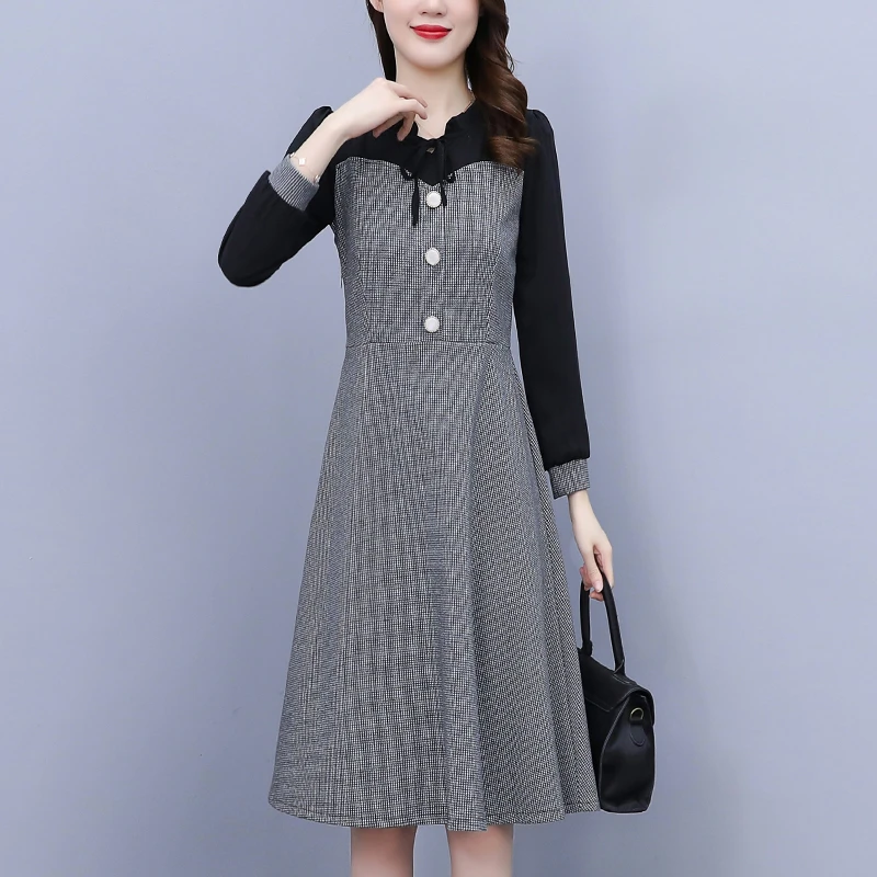 大码女装秋冬千鸟格毛呢拼接收腰显瘦洋气简约长袖连衣裙FA#6715