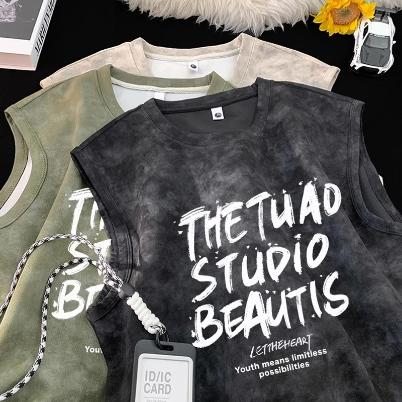 仿麂皮绒坎肩背心男款夏季新款扎染美式复古cleanfit休闲背心坎肩