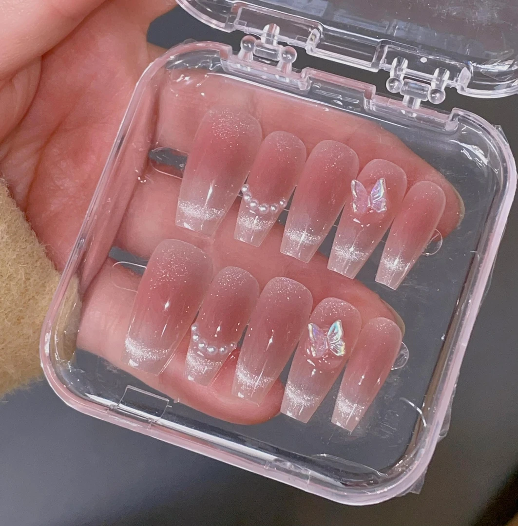 腮红法式猫眼珍珠极光蝴蝶简约学生手工穿戴甲可拆卸纯手工美甲