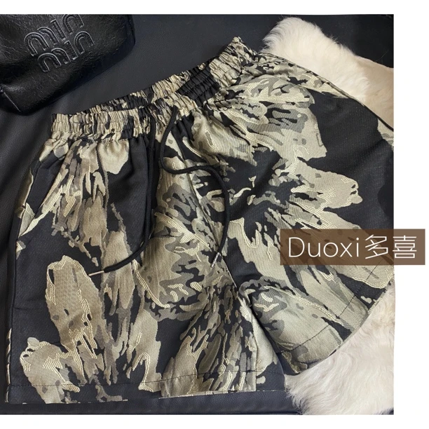 Duoxi➕【提花短裤】复古提花阔腿裤美式女2025夏季百搭高腰休闲裤