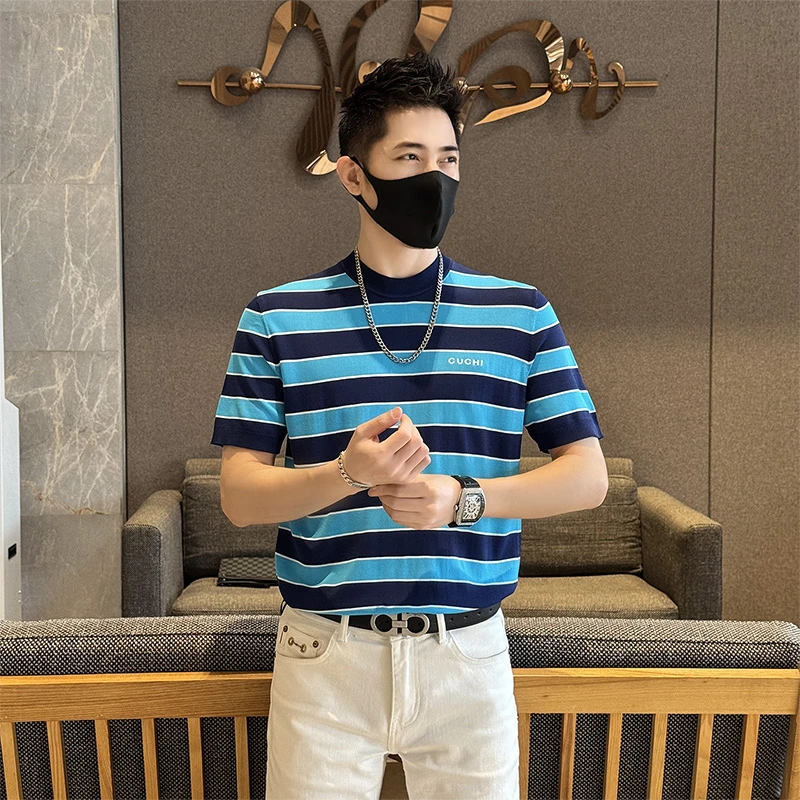 2025夏季男士冰丝撞色短袖T恤翻领时尚男款潮流百搭休闲修身透气