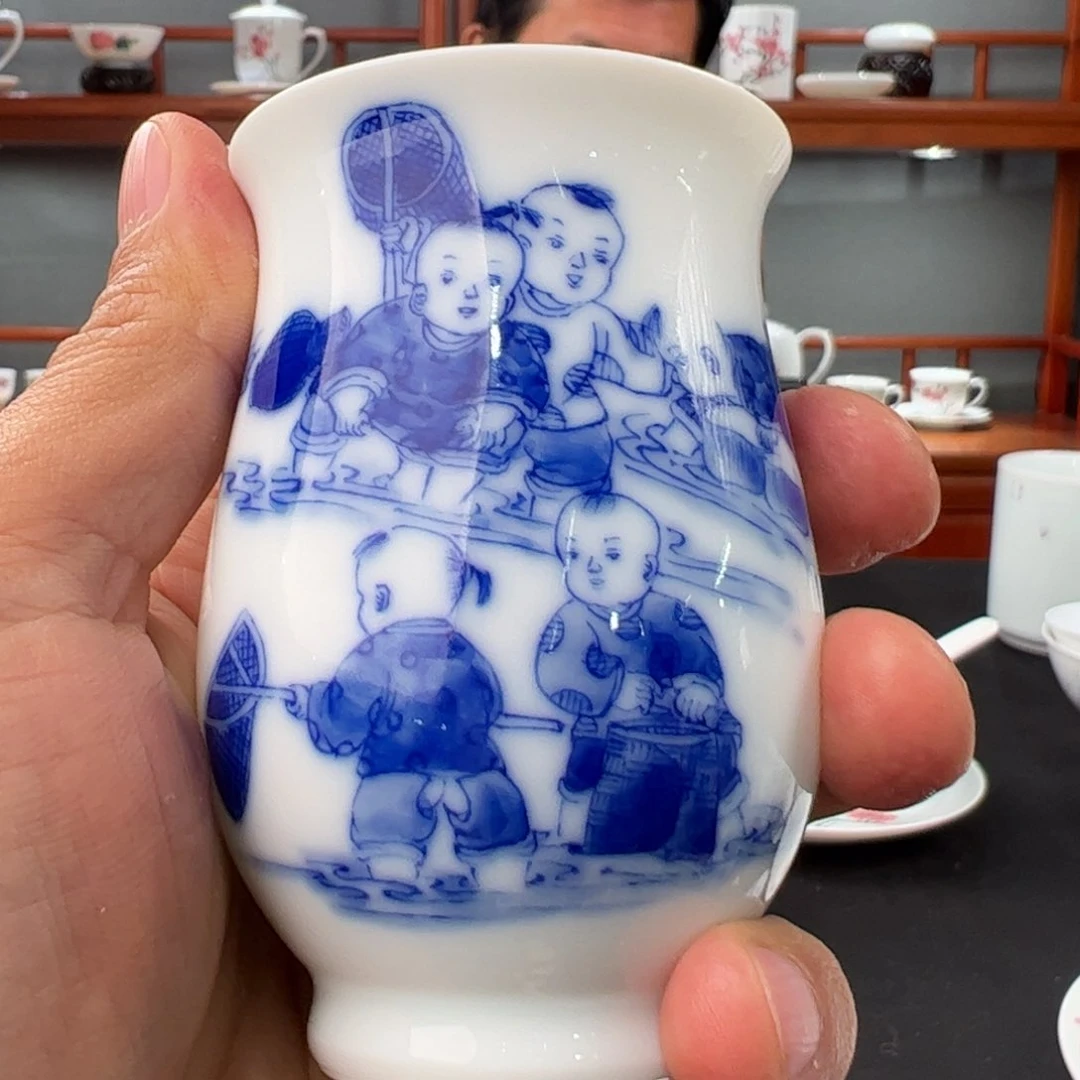 环****店柴窑青花童子闻香杯