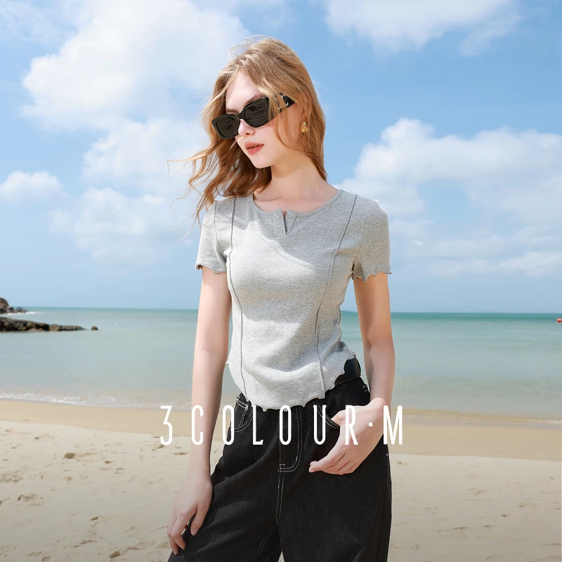 【瘦瘦T】三彩2025夏季新款木耳边T恤正肩短袖上衣短款套头衫女M