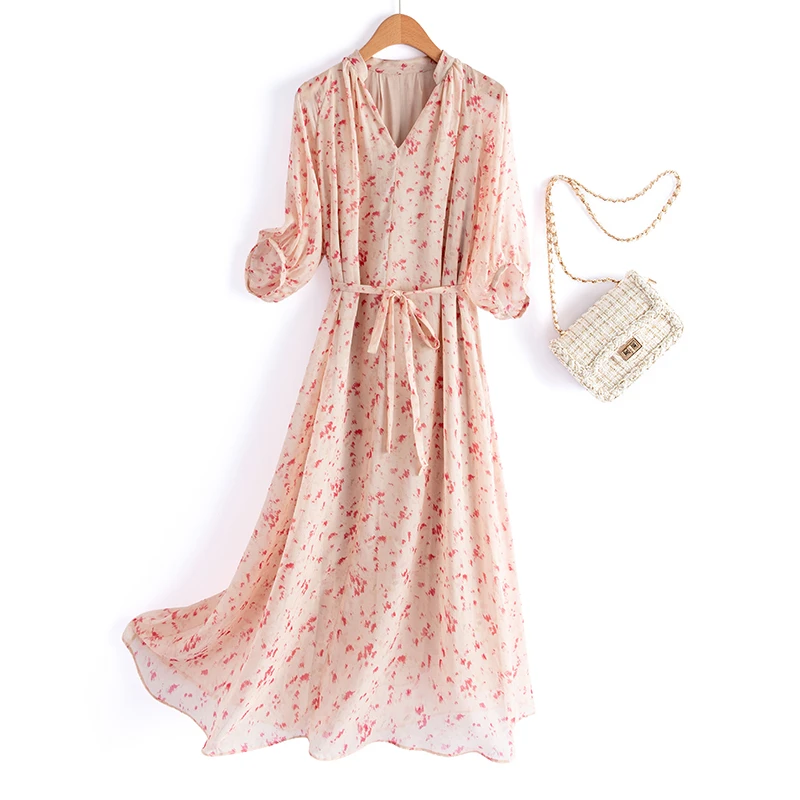 【墨枝】七分袖夏季印花时尚减龄桑蚕丝连衣裙D9009486