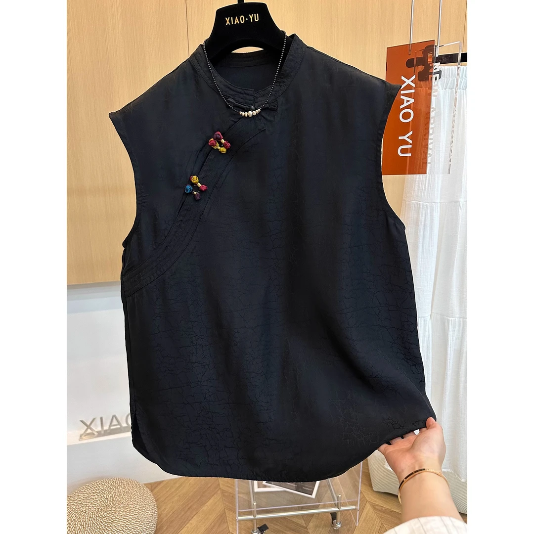 大码女装高端夏新款设计感小众时尚气质盘扣国风无袖背心马甲上衣