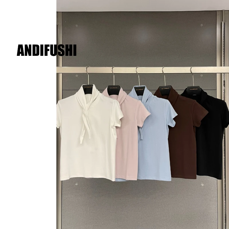 【南油徐哥】秋款短袖T恤绑带不规则修身型圆领气质T恤0470