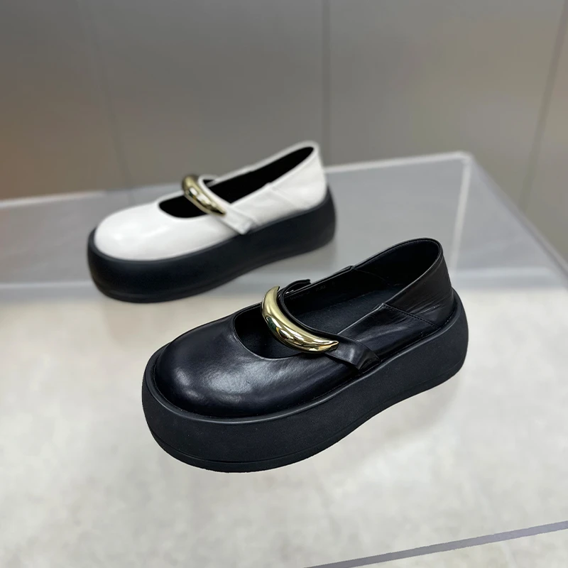 【左右华菲】5.5cm百搭一字带厚底玛丽珍2025夏季新款圆头真皮单鞋