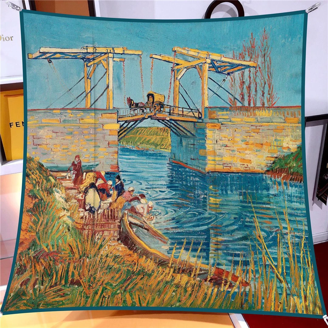 秋冬新款油画系列90方巾台版印花斜纹卷边头巾披肩90×90   1030