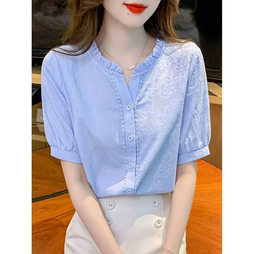 立领木耳边棉女士衬衫夏季2025年新款宽松薄款小衫百搭短袖上衣
