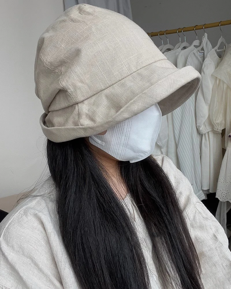 日系棉麻褶皱渔夫帽 慵懒风小帽檐夏天透气麻布盆帽 包裹头 女士