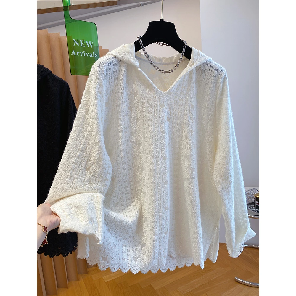 【胖妹妹】高级感磨毛提花镂空蕾丝衫女宽松叠穿百搭连帽打底衫上衣