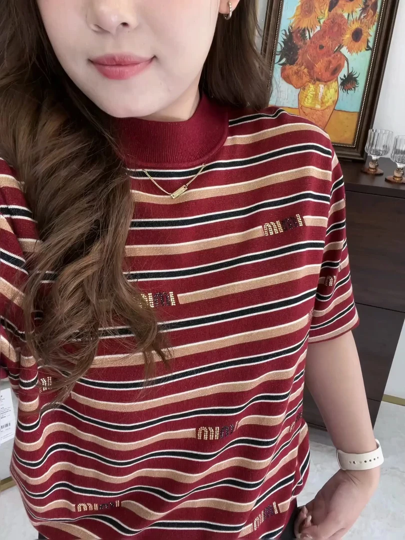 莱赛尔天丝条纹翻领新款七分袖休闲宽松百搭上衣时尚外穿针织女