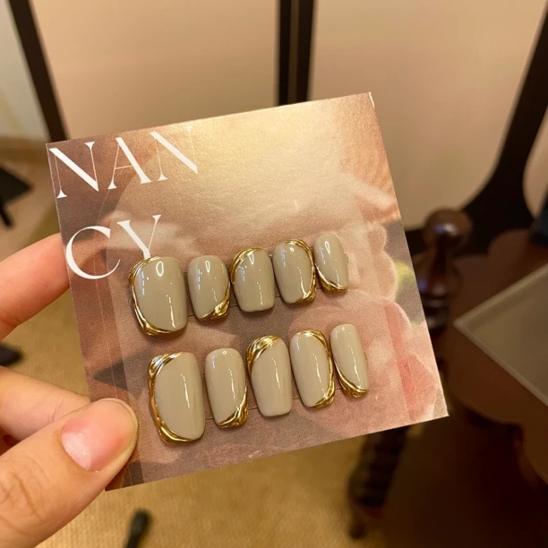 【念禾】全手工穿戴甲-高级灰色金边气质美甲贴片