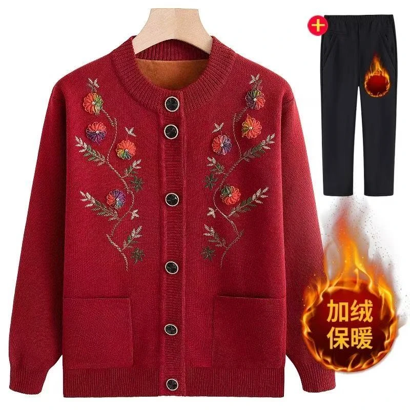 妈妈装冬装毛衣开衫中老年人女奶奶装加绒加厚春秋老太太上衣外套