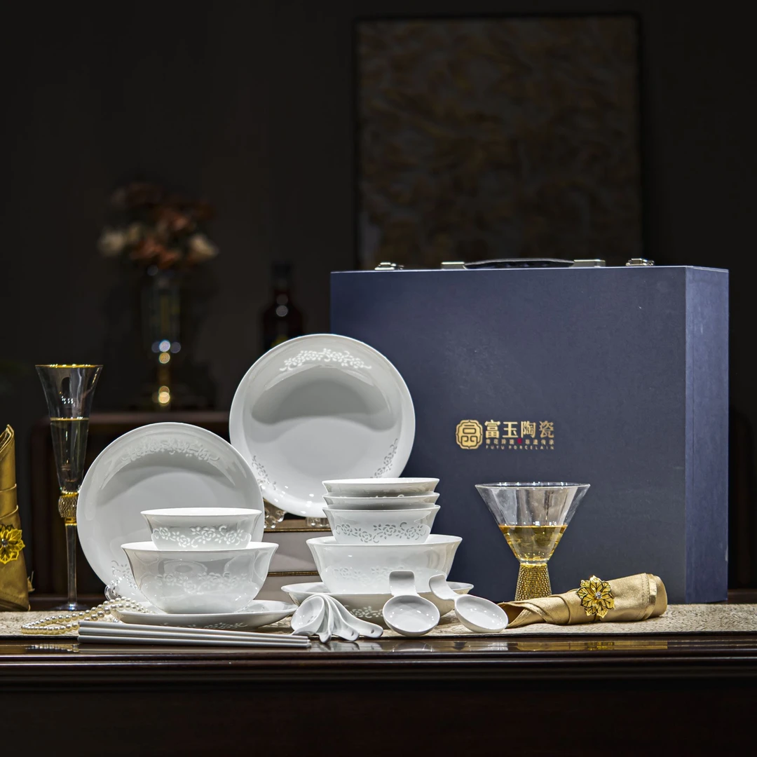 景德镇·富玉品牌高端玫瑰之约系列玲珑瓷4人位餐具套组（20头）