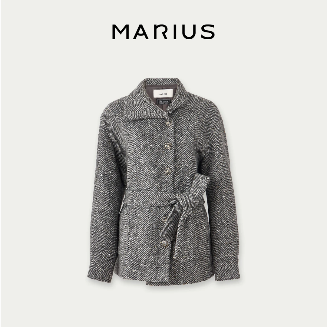 MARIUS意大利初剪绵羊毛细腻保暖粗人字纹侧翻领鱼骨纹小香大衣