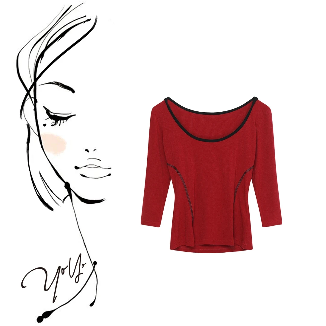 8月2日10:00新品 香香tee 法式优雅拼色七分袖针织打底衫