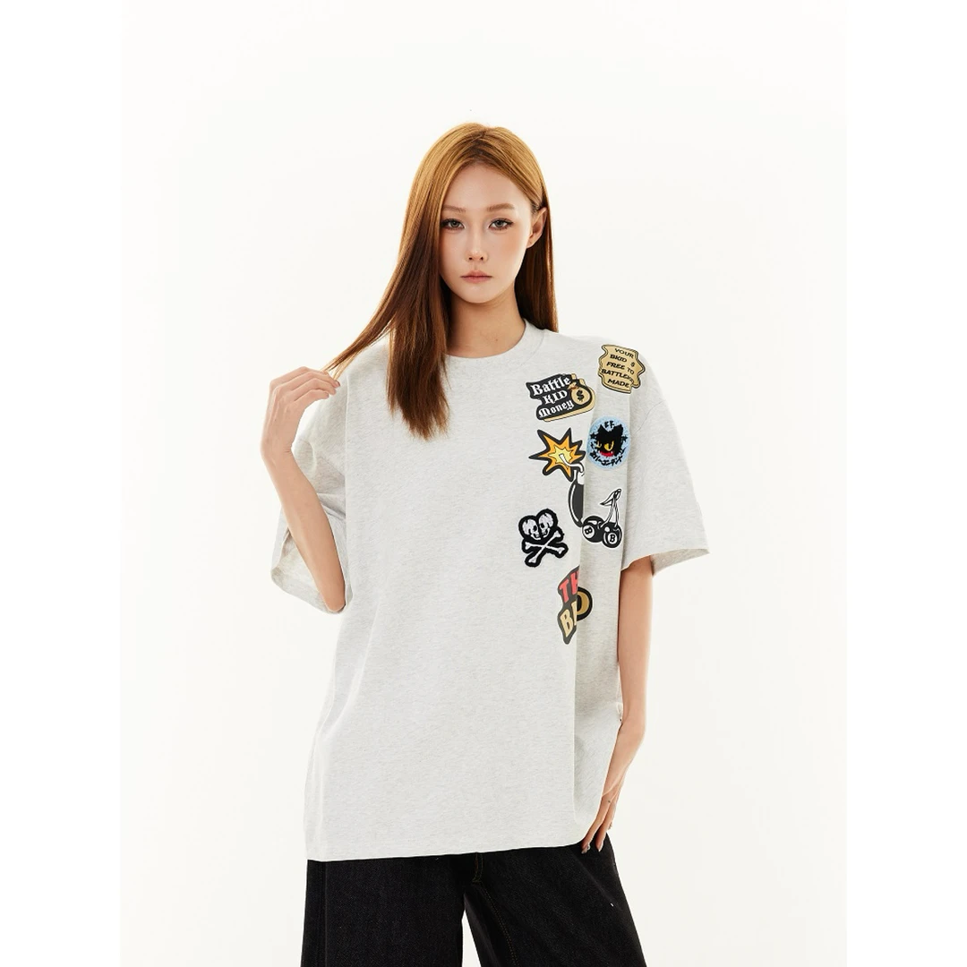 SREK美式复古卡通刺绣短袖T恤男女夏季圆领设计感小众宽松上衣潮