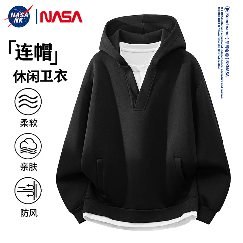 NASA联名假两件连帽卫衣男士春秋季V领潮牌设计感青少年宽松外套