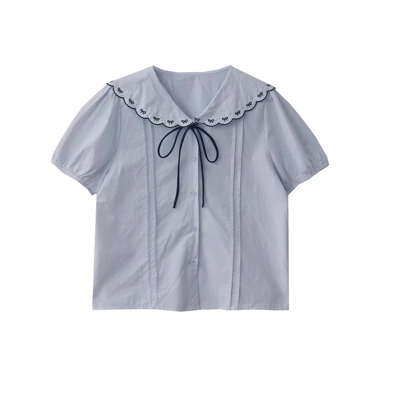 10592娃娃领蓝色荷叶边衬衫学院风日系盐系少年感系带短袖衬衫