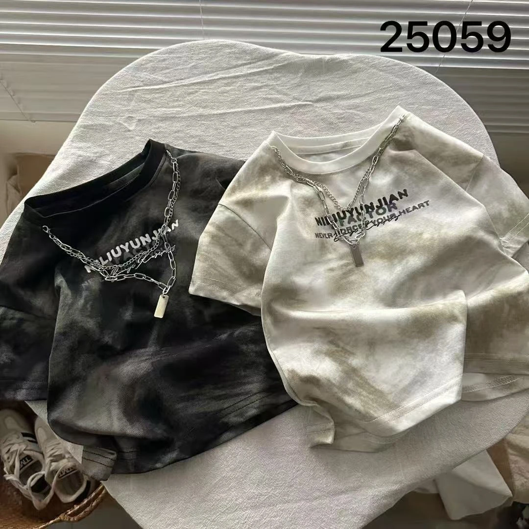 2025夏款儿童扎染短袖t恤男童韩版洋气短袖上衣中性帅气韩系-474