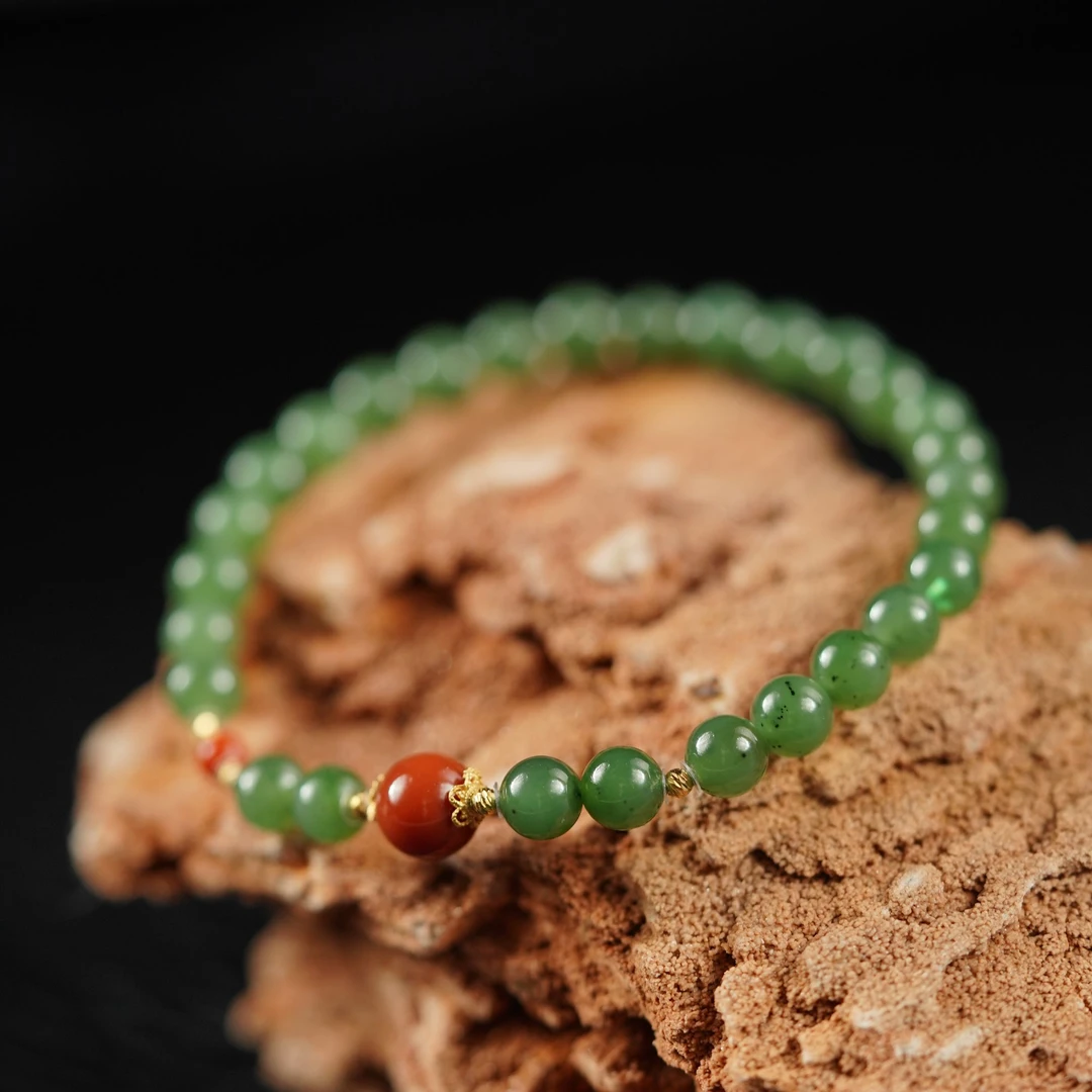 【珊木居】S2532TZ 和田碧玉0.6+0.7南红圆珠单圈手串