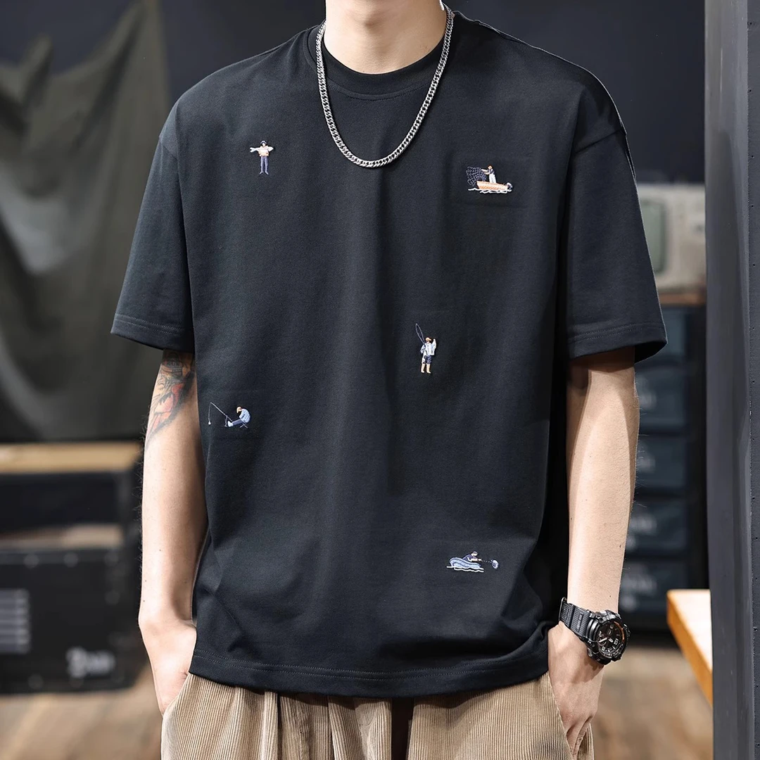 260g重磅纯棉刺绣短袖T恤男夏季新款凉感科技棉百搭半袖体恤衫潮T