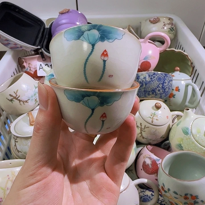 汝窑开片荷花品茗杯两只装