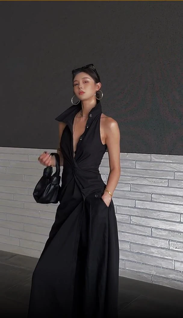 2025夏季设计感小众气质开叉小众扭结衬衫连衣裙女收腰纯欲长裙子