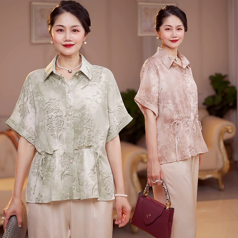 时尚妈妈装春夏季短袖上衣50岁中年人洋气大码新中式花衬衫两件套