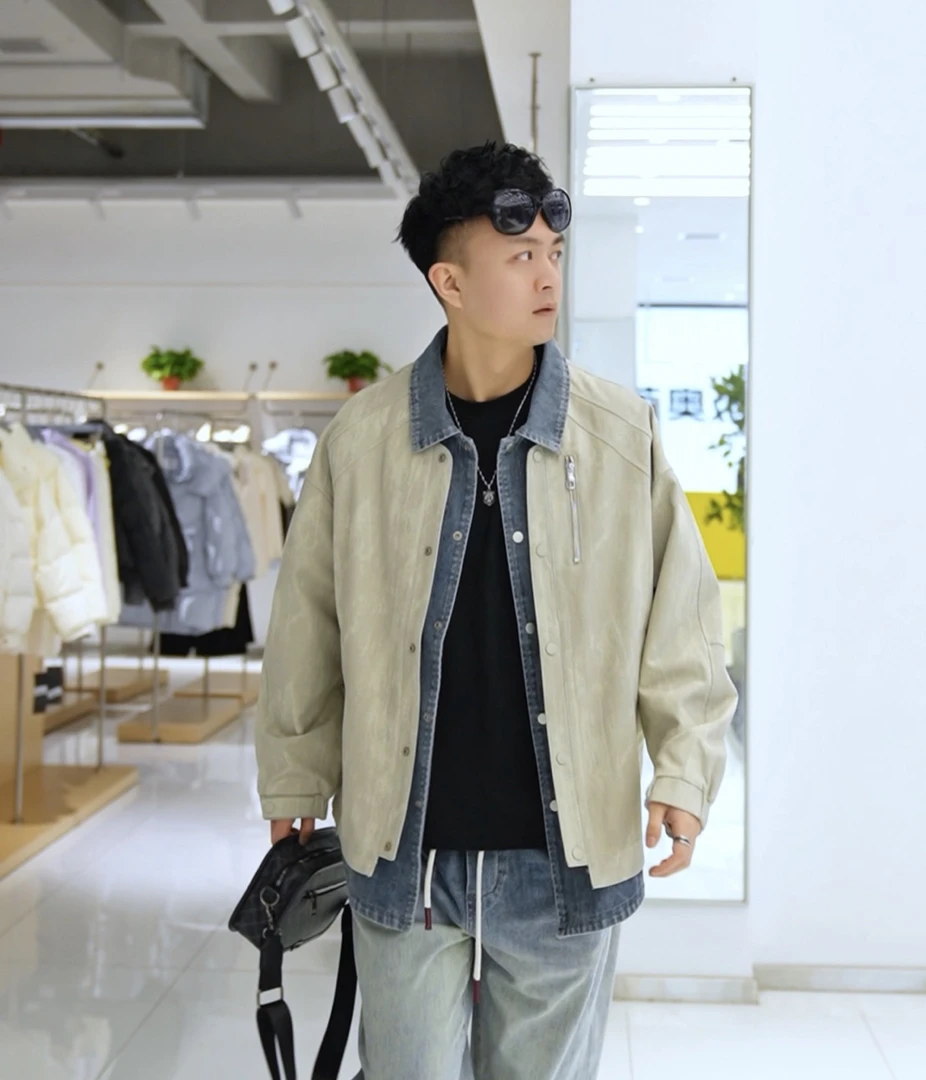 【胡轩推荐】拼牛仔假两件翻领茄克衫上身显瘦挺阔Z105510080101