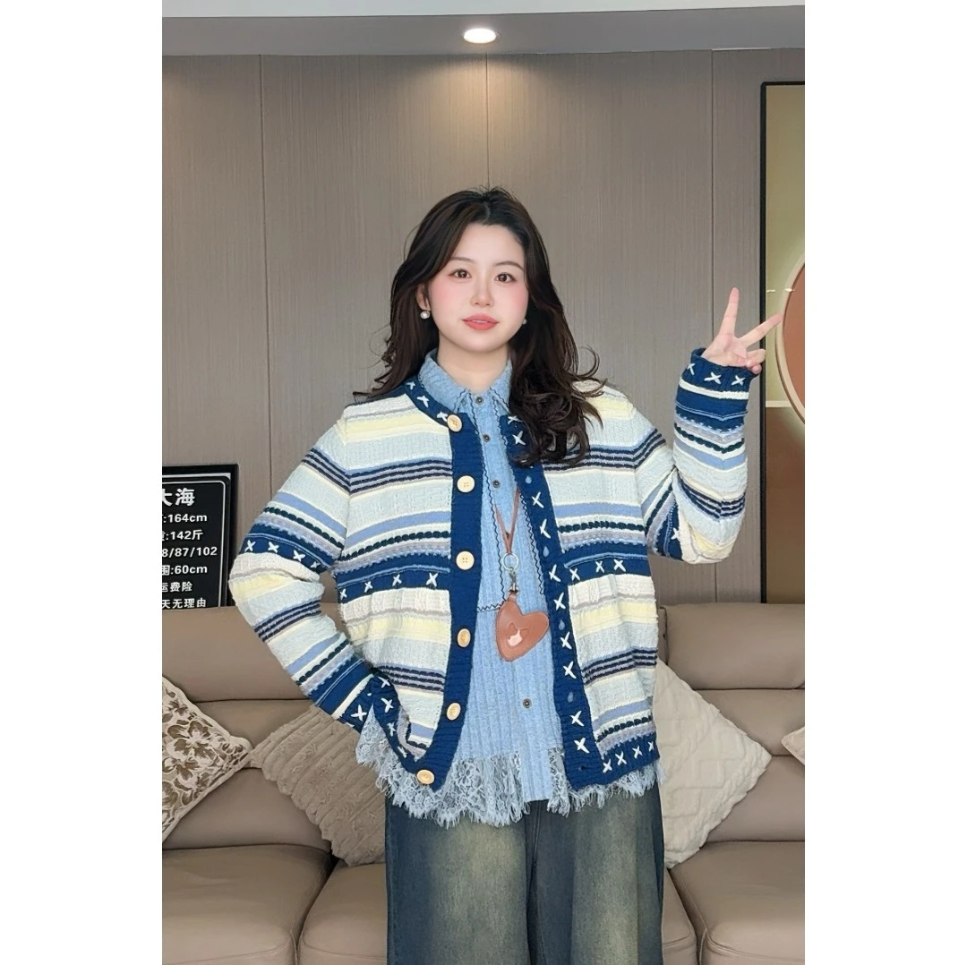 大码秋冬针织开衫秋装2025年新款女上衣条纹宽松慵懒百搭毛衣2711