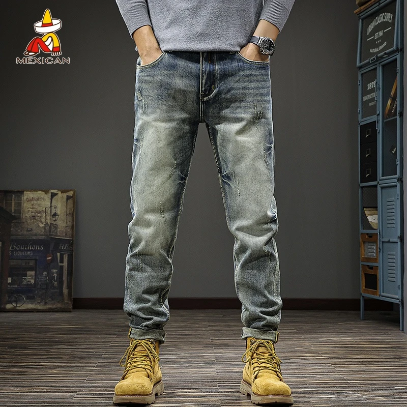 Mexican/稻草人春季潮牌做旧牛仔裤男款美式修身直筒裤子微锥长裤