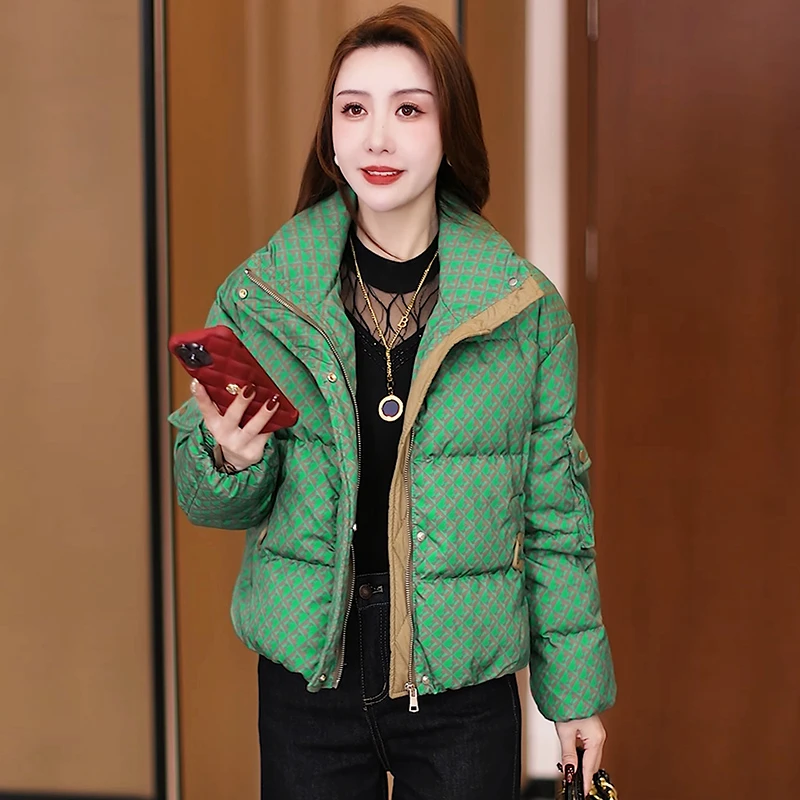 时尚休闲短款棉衣外套女冬季新款韩版时尚千鸟格棉袄加厚保暖棉服